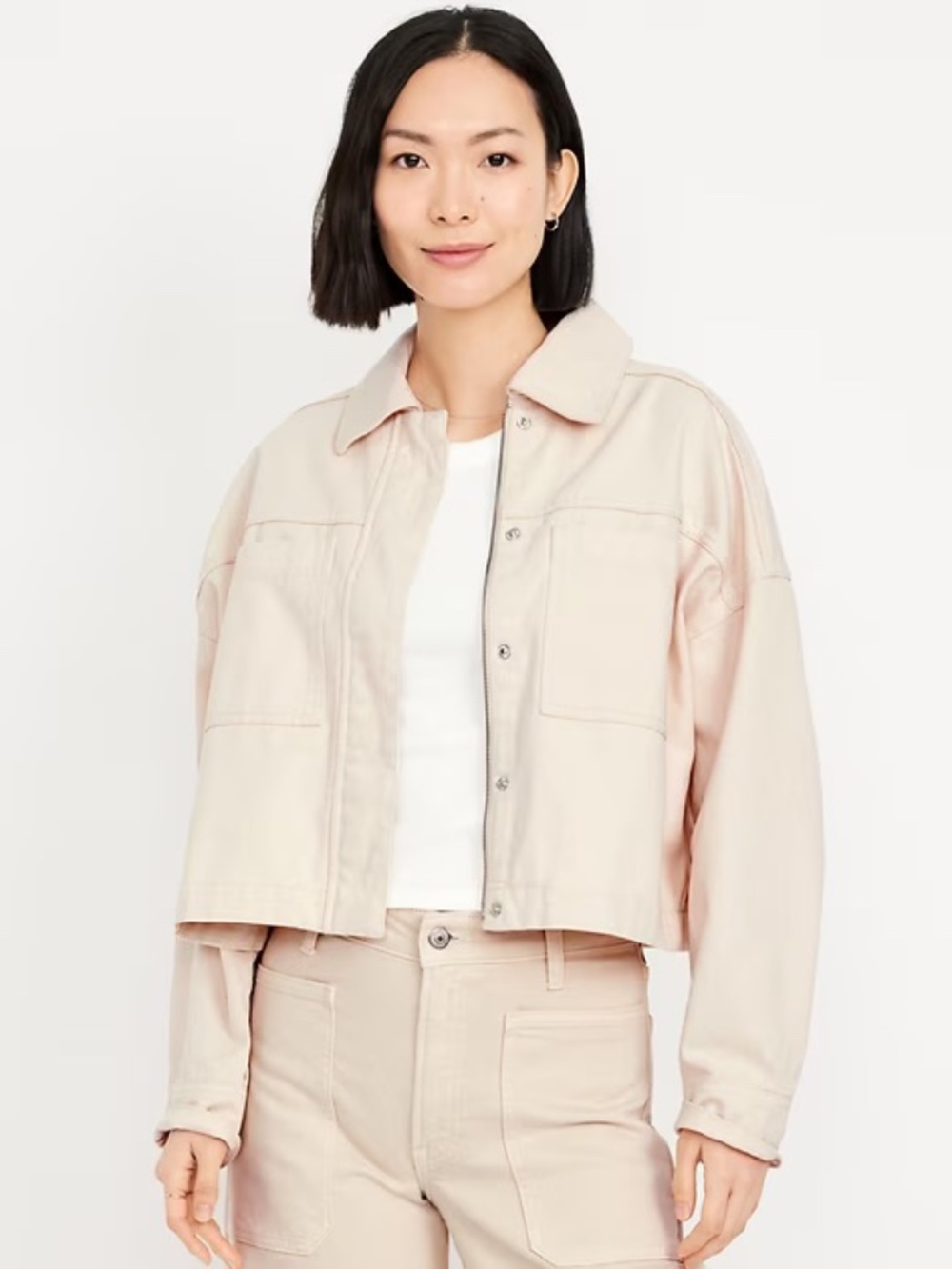 Old Nacy Canvas Crop Utility Jacket in Natural White